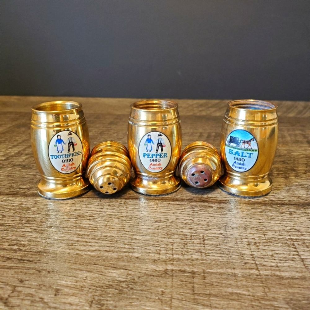 Gold Brass Barrel Salt and Pepper Shakers with Toothpick Holder Ohio.